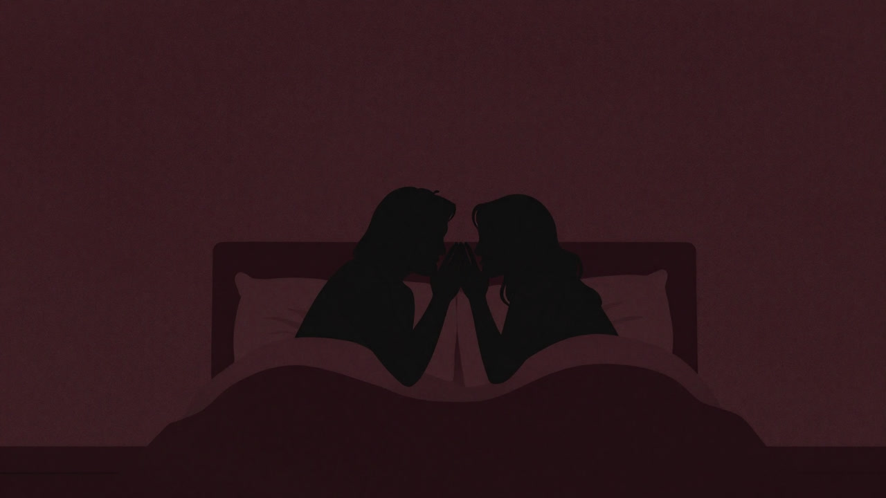 薄暗い寝室で、二人が枕元で囁き合うシルエット