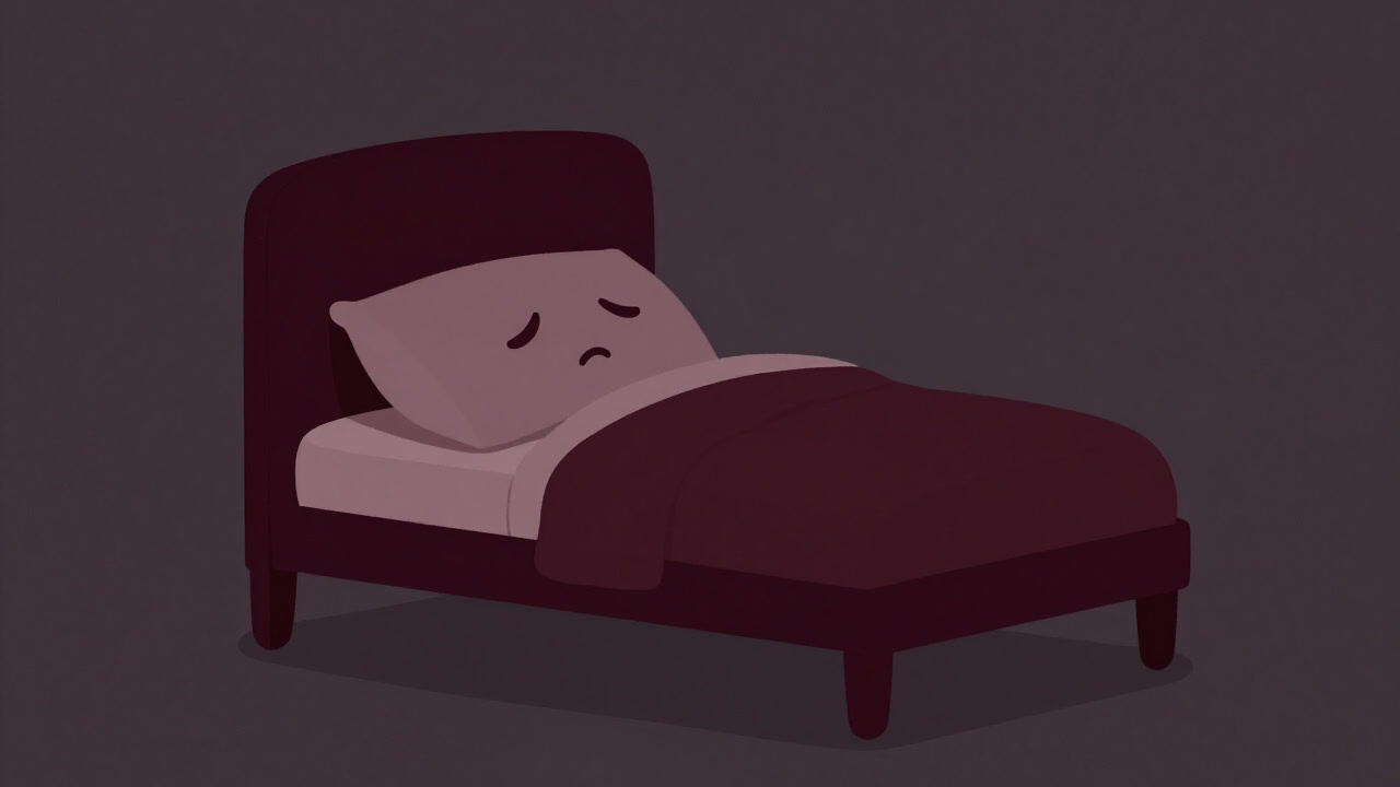 夜のベッド上で物憂げに佇む、しぼんだ表情の枕のイラスト