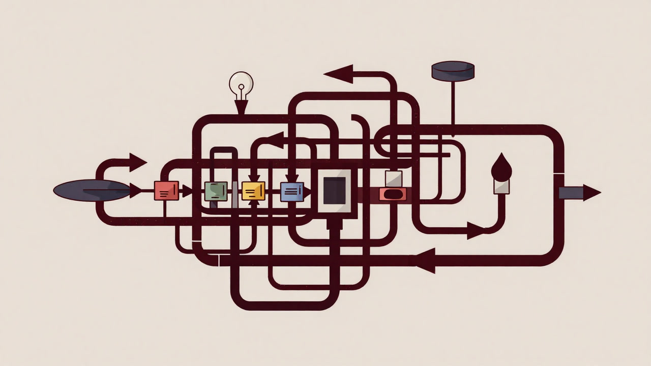 無数の矢印とステージが複雑に絡み合い、出口の見えないパイプラインを描いたビジネスカオスの図