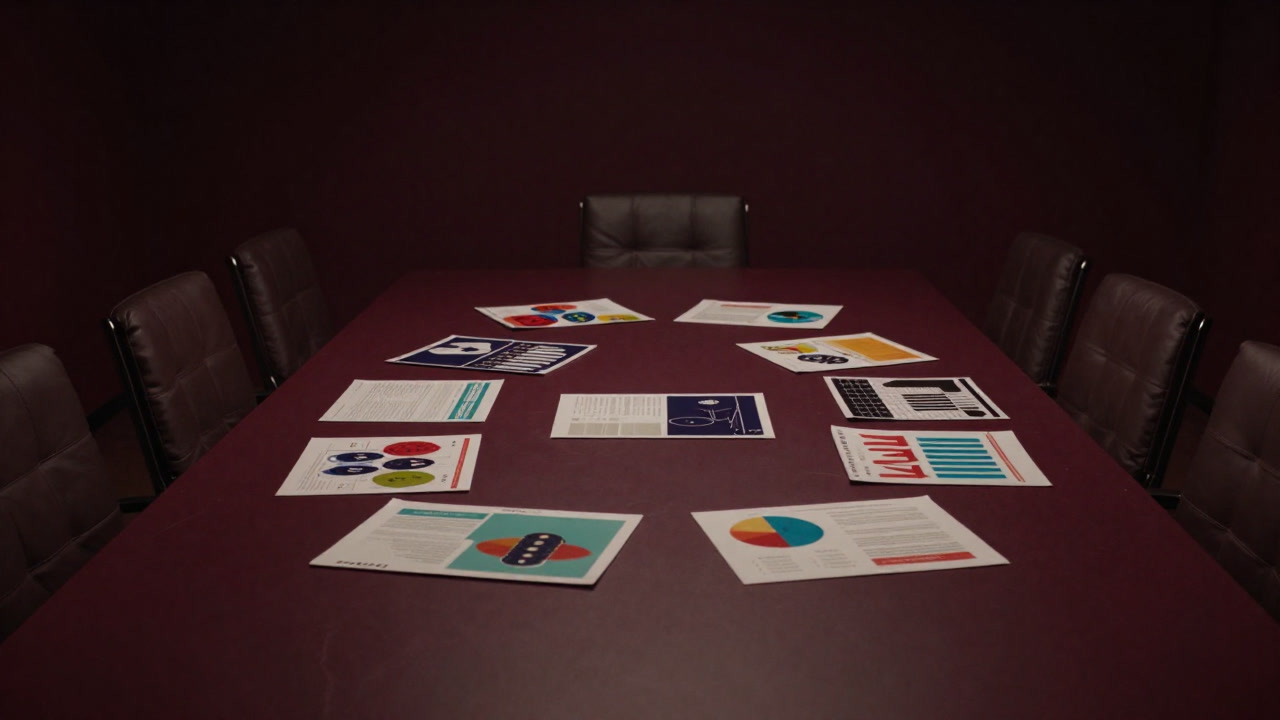 テーブルの上に無造作に散らばったスライドが、投資家の視線を待つ様子を捉えた写真