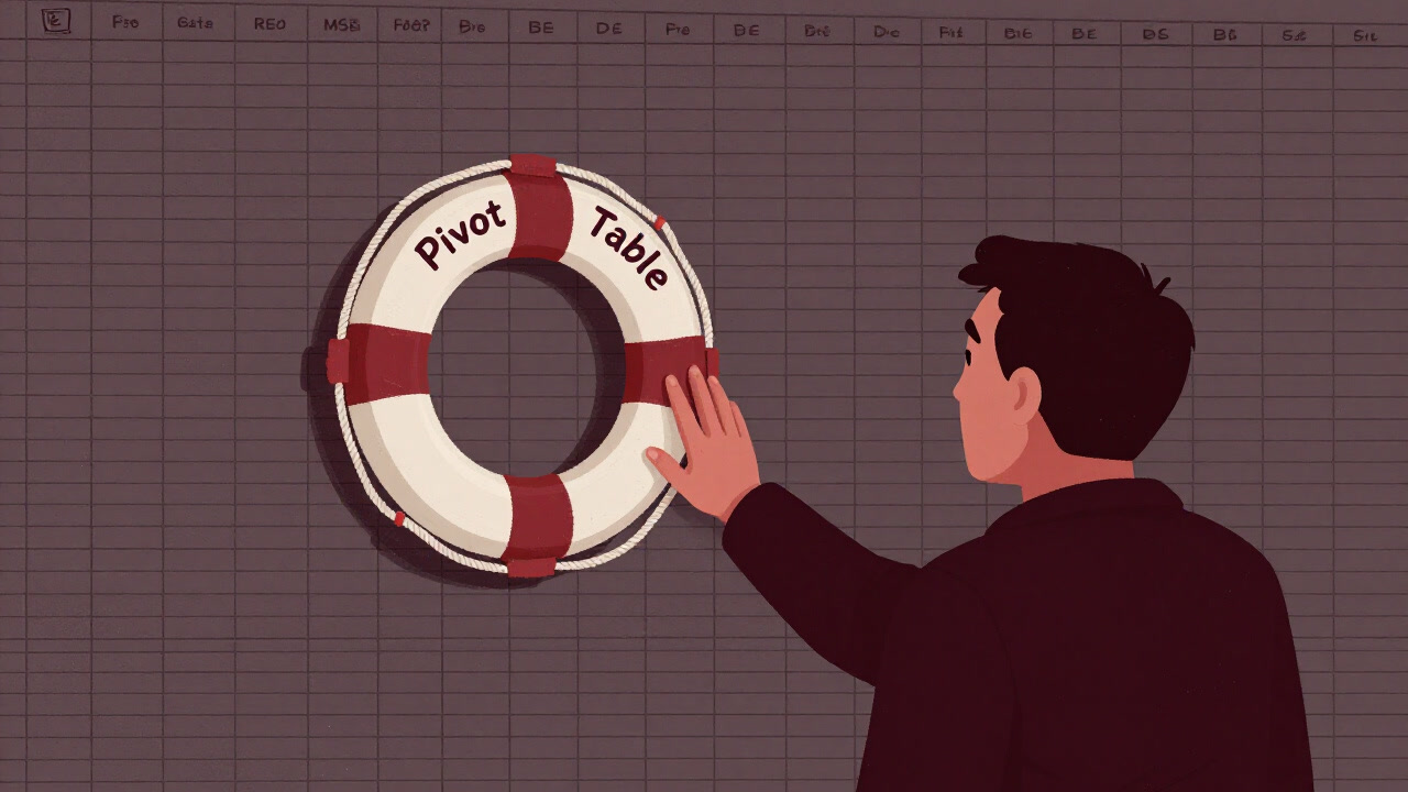 Illustration of an analyst staring bewildered at countless cells, seeking salvation in a pivot table.