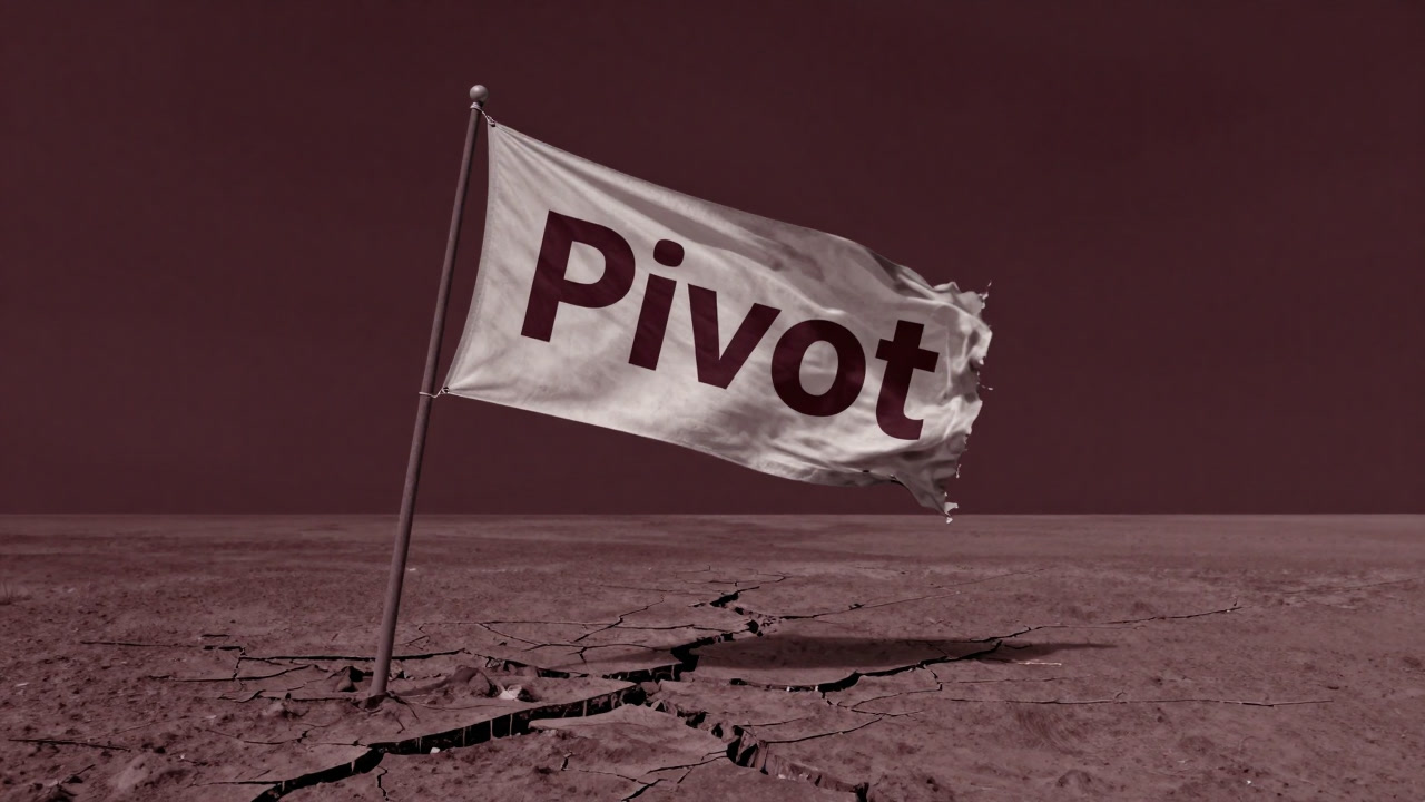 A corporate banner stuck in the ground like a shipwreck in a desert, with only the word 'Pivot' fluttering in the wind.
