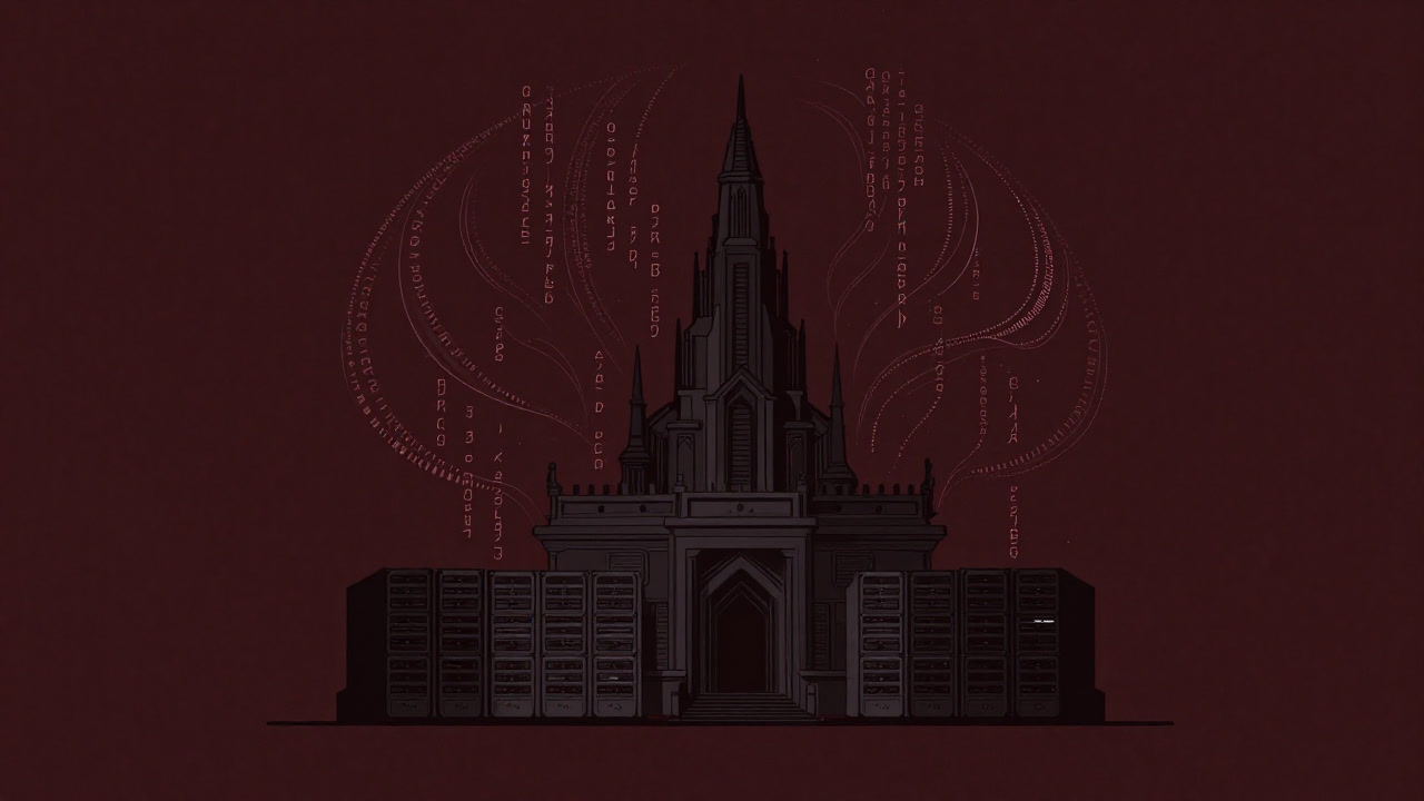 A dark server room with a database in a daze, PL/SQL code swirling before it.