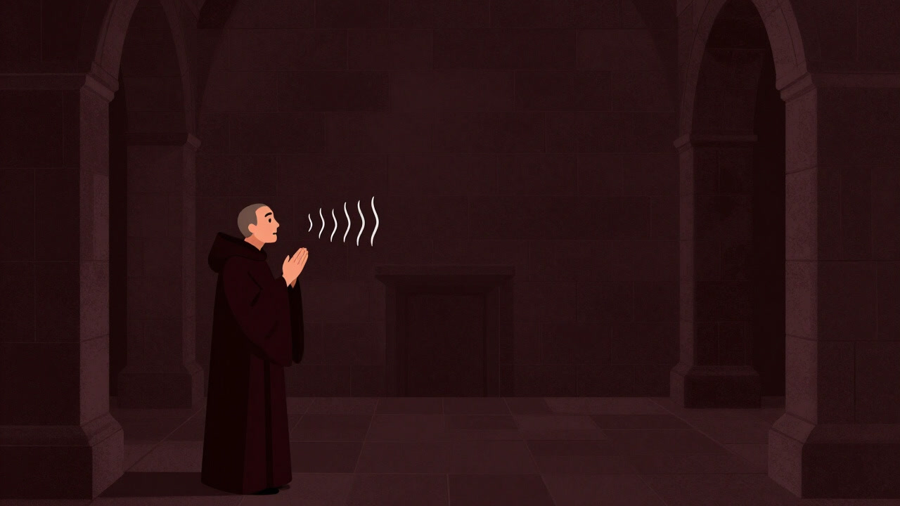 古い修道院の礼拝堂で、単旋律の音が石壁に響き渡る様子を写した写真風イラスト