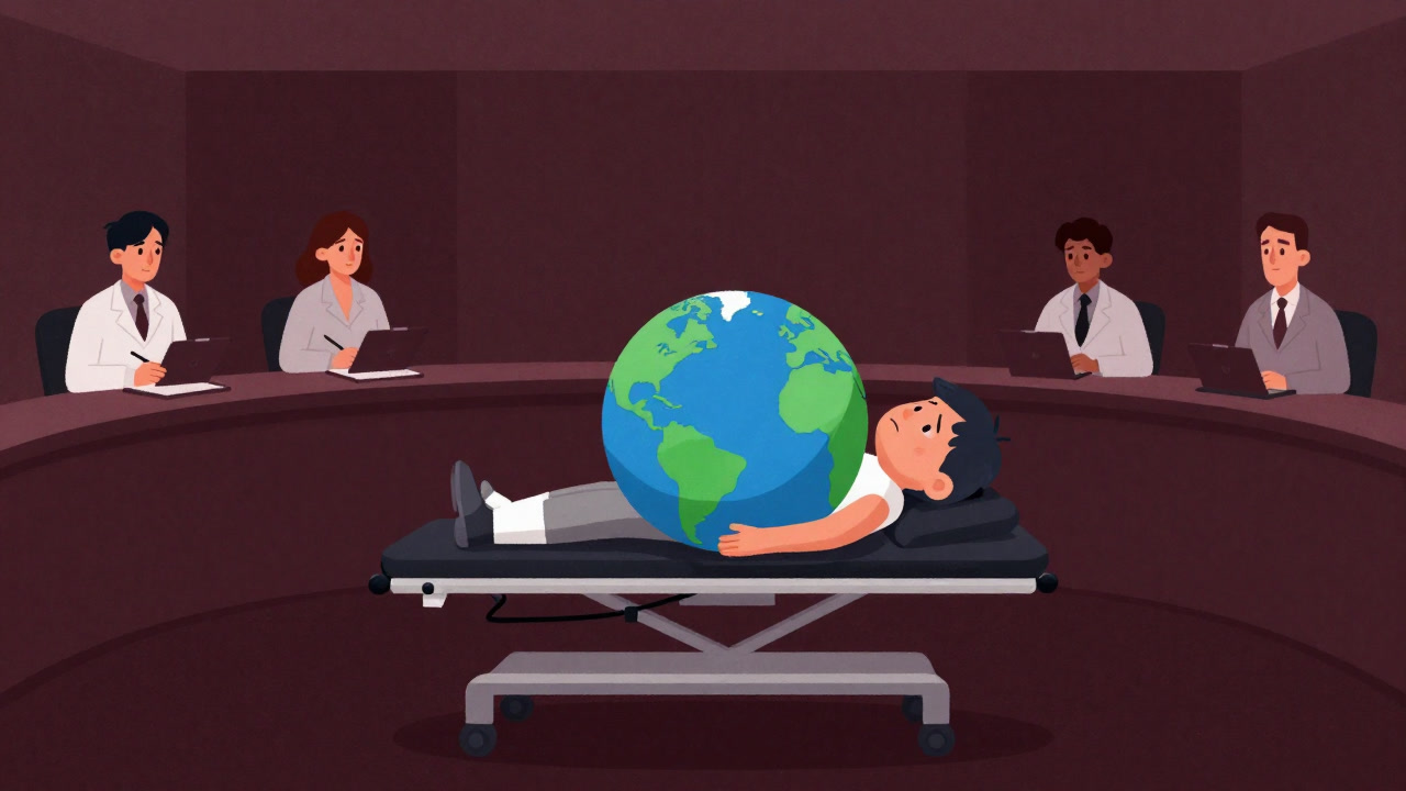 Illustration of a small Earth being examined on a desk resembling a medical checkup table