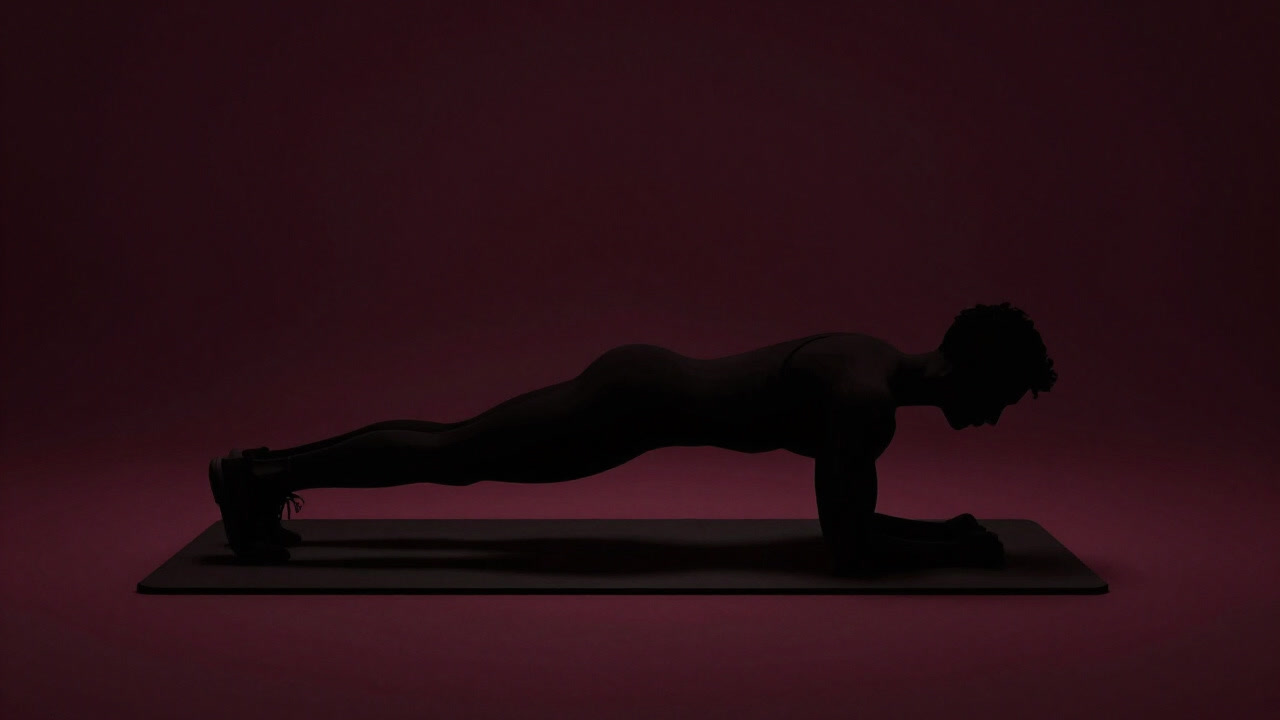 Silhouette of a person doing a plank in a dim gym