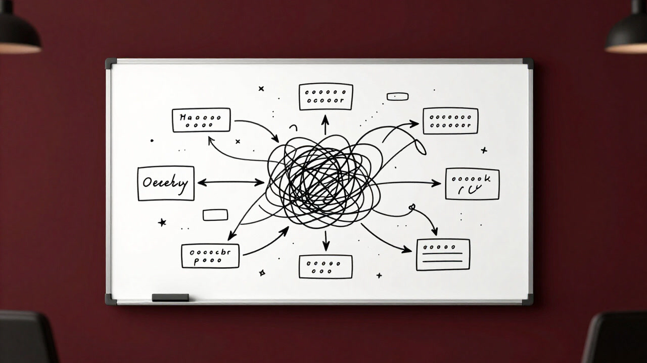 ホワイトボードに無数の矢印とバレットポイントで埋め尽くされた計画図の画像