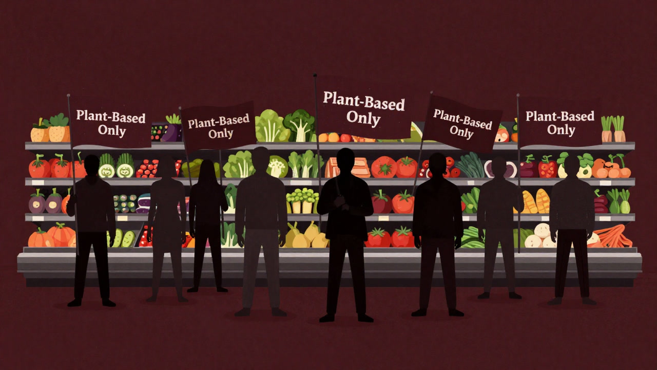 多彩な野菜を山積みにした棚の前で、プラントベース食の旗を掲げる人々の無表情な群像