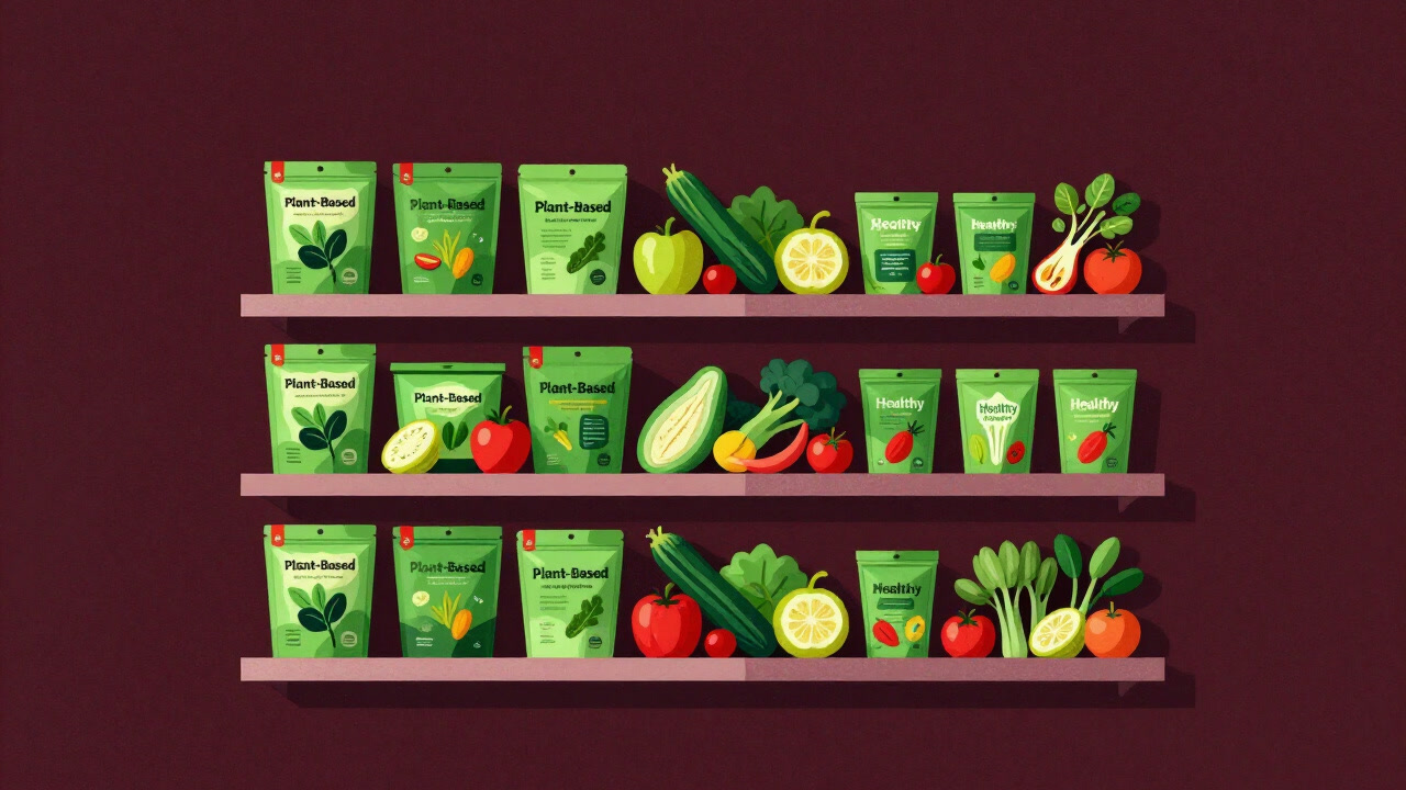 カラフルな野菜がマーケティングの看板として並ぶプラントベース製品の陳列棚の画像