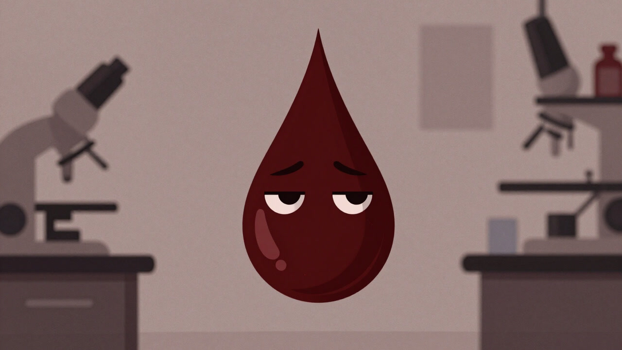 Image of a droplet of blood plasma in a dark laboratory, gazing like a tired eye