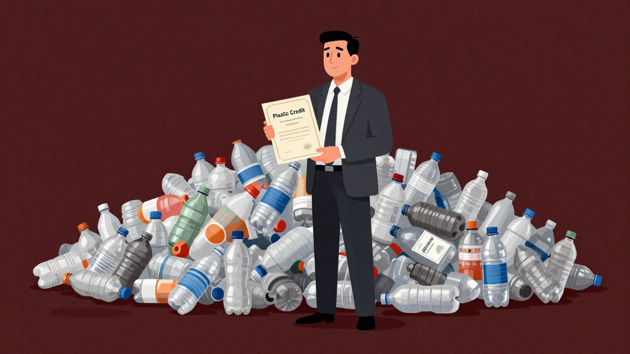 Illustration of a businessperson dancing behind a pile of plastic bottles while holding up a credit certificate