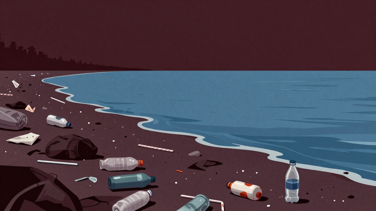 Photo contrasting scattered plastic products along the shoreline with a beautiful sea.