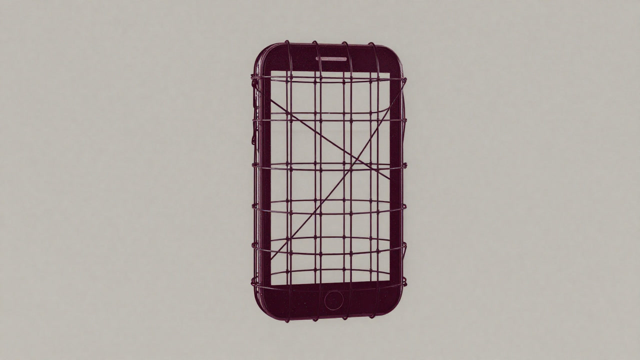 Illustration of a smartphone icon trapped in a net-like cage of the internet