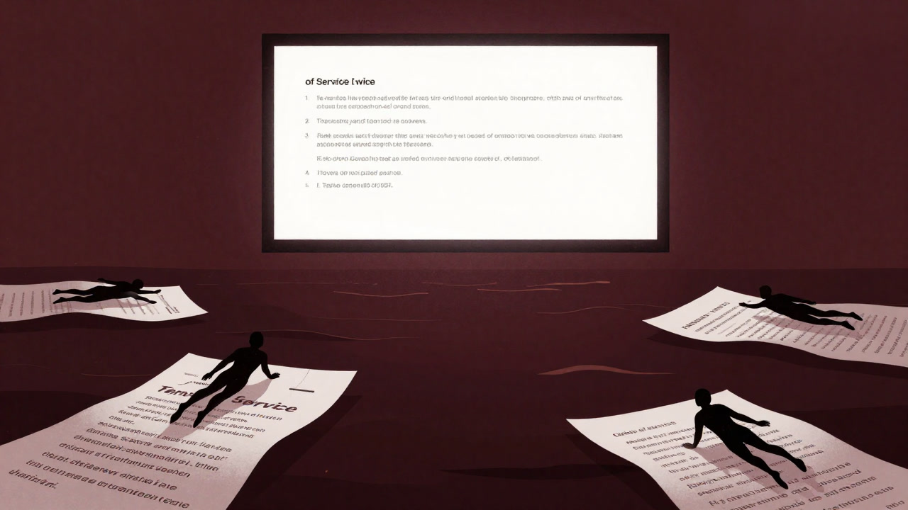 巨大なスクリーンに映し出された利用規約の海を泳ぐ人々のシルエット