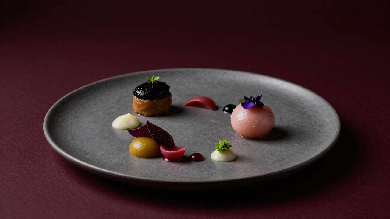 Photo of a dish arranged beautifully on a plate, highlighting decoration with no sense of practicality.