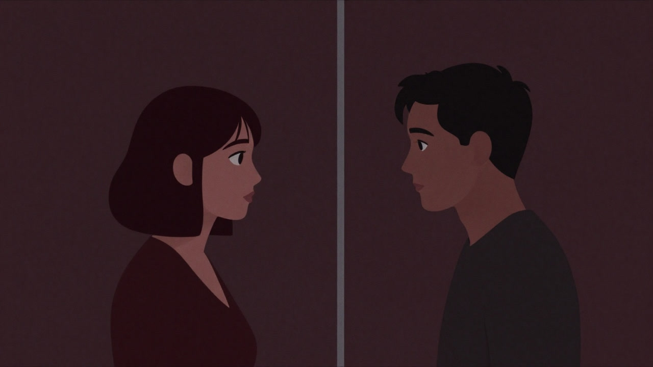 Illustration of two people gazing at each other, separated by an invisible glass barrier