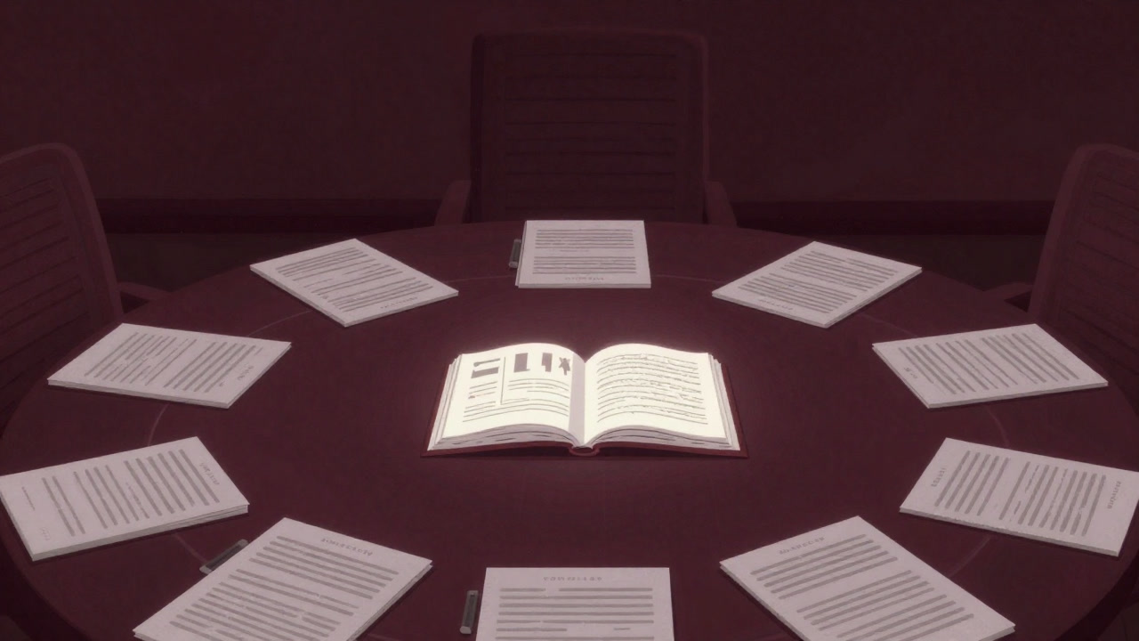 Illustration of a playbook sitting atop a mountain of thick documents like a treasure chest