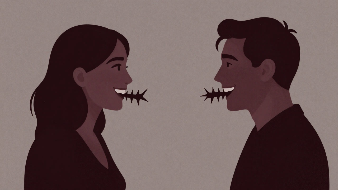 Illustration of two people smiling in conversation while thorny words pierce their hearts