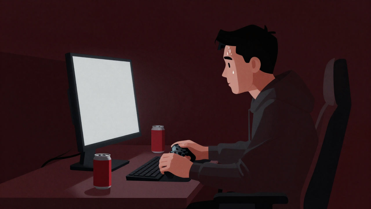 A gamer’s back illuminated by a still-glowing monitor on a sultry night