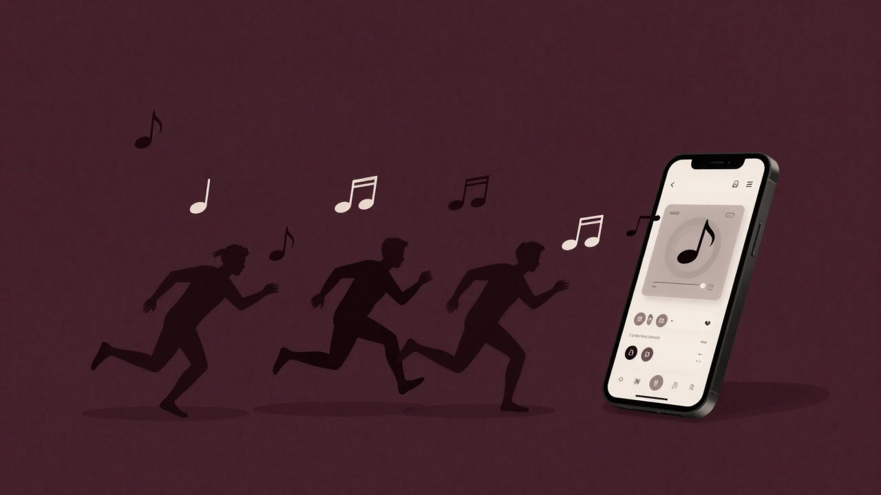 Illustration of silhouettes chasing countless musical notes spilling out of a smartphone screen