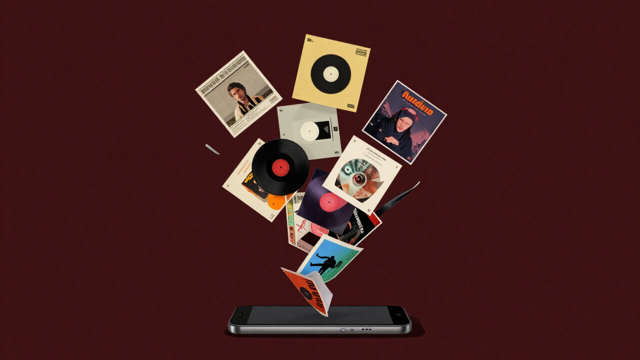 Illustration of various album covers swirling and being sucked into a smartphone at the center.
