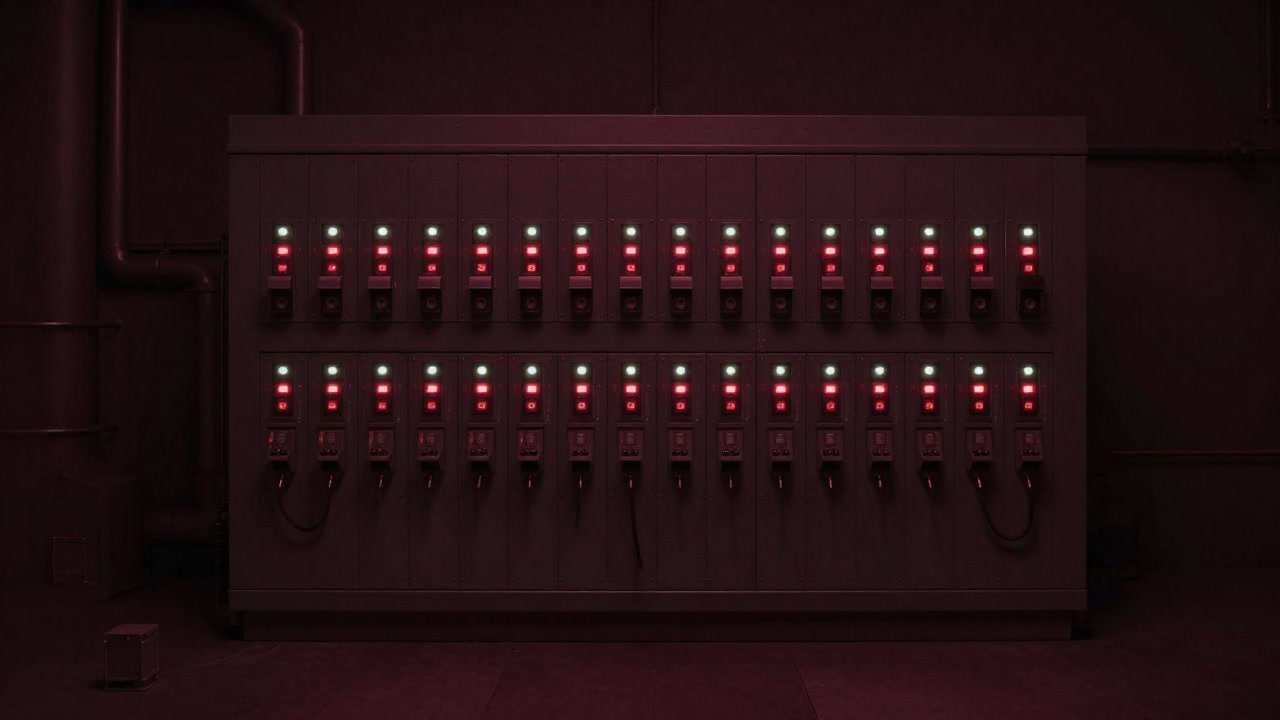 Photo of a PLC unit illuminated by numerous blinking panel lights in the dark