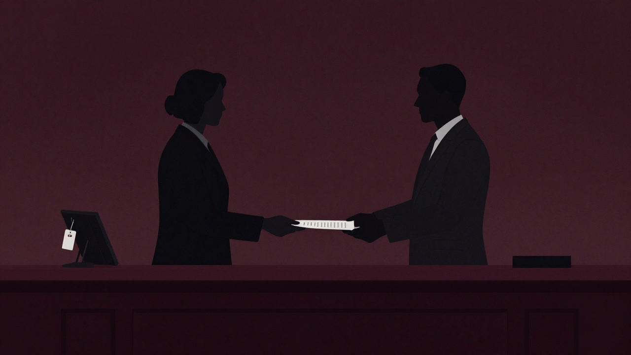 法廷のテーブルで値札付きの契約書を交換し合う検察官と被告人の影絵