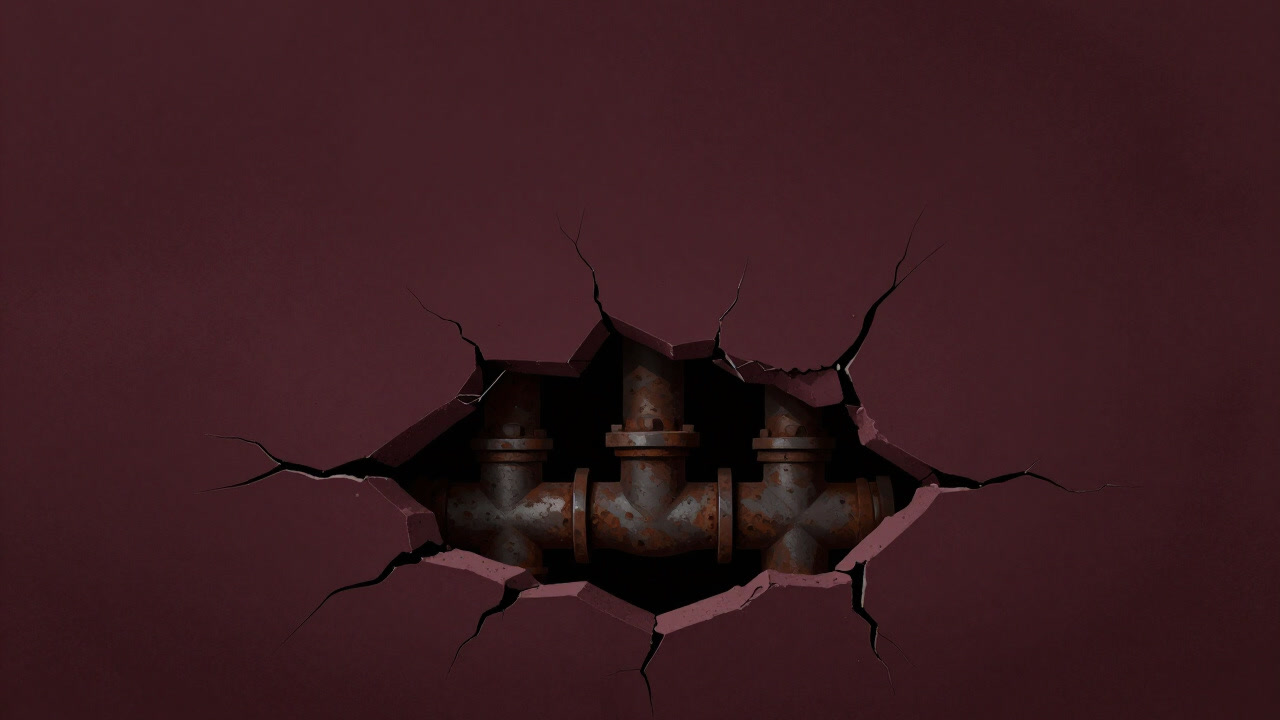 A close-up of rusty plumbing pipes peeking ominously through a cracked wall.