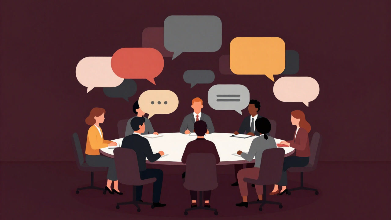 円卓を囲む多様な人々が、色とりどりの吹き出しを上げて対話しながら、もつれ合うイラスト