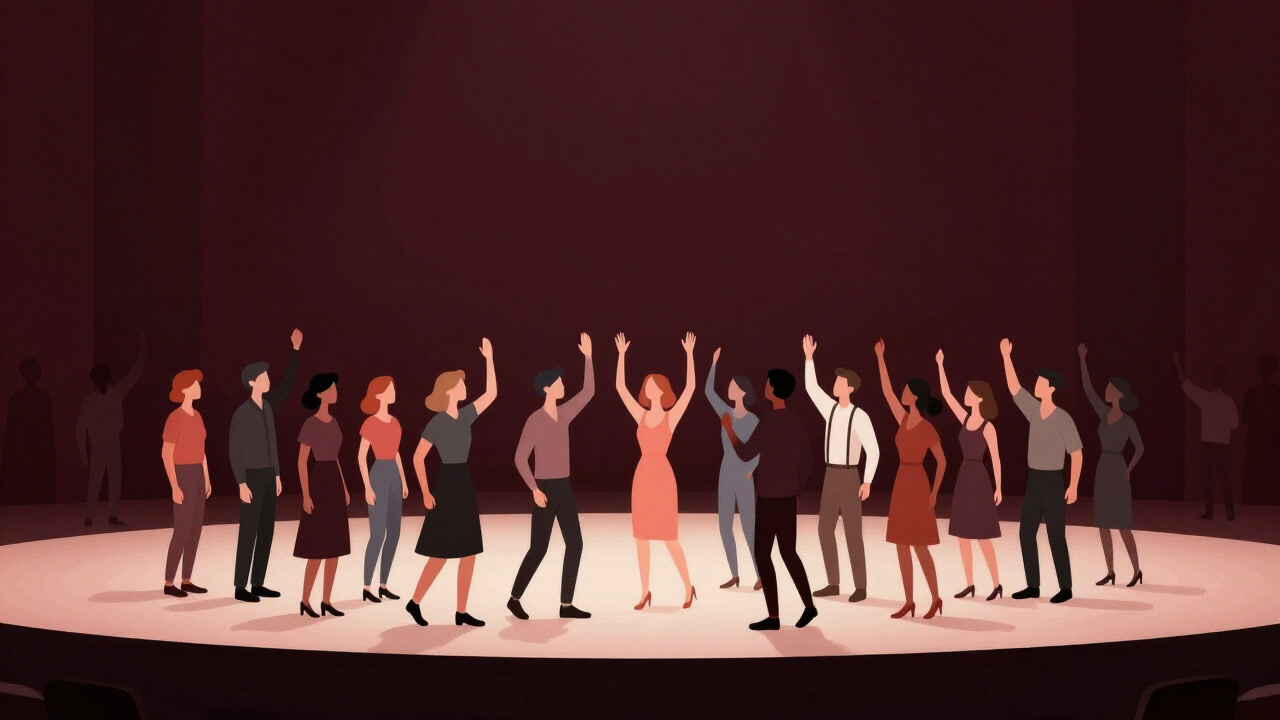 Illustration of a colorful crowd being simultaneously praised as someone’s shadow fades in the background