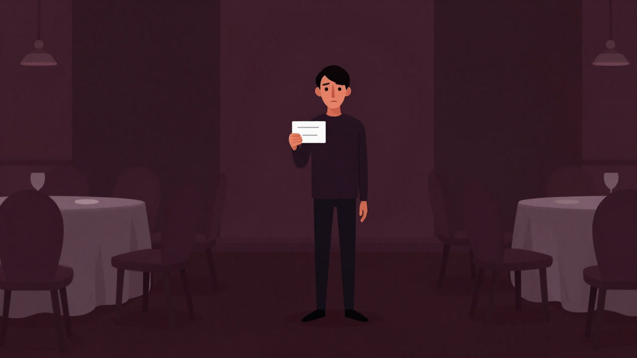 Image of a solitary person clutching an invitation at the corner of a table, looking confused