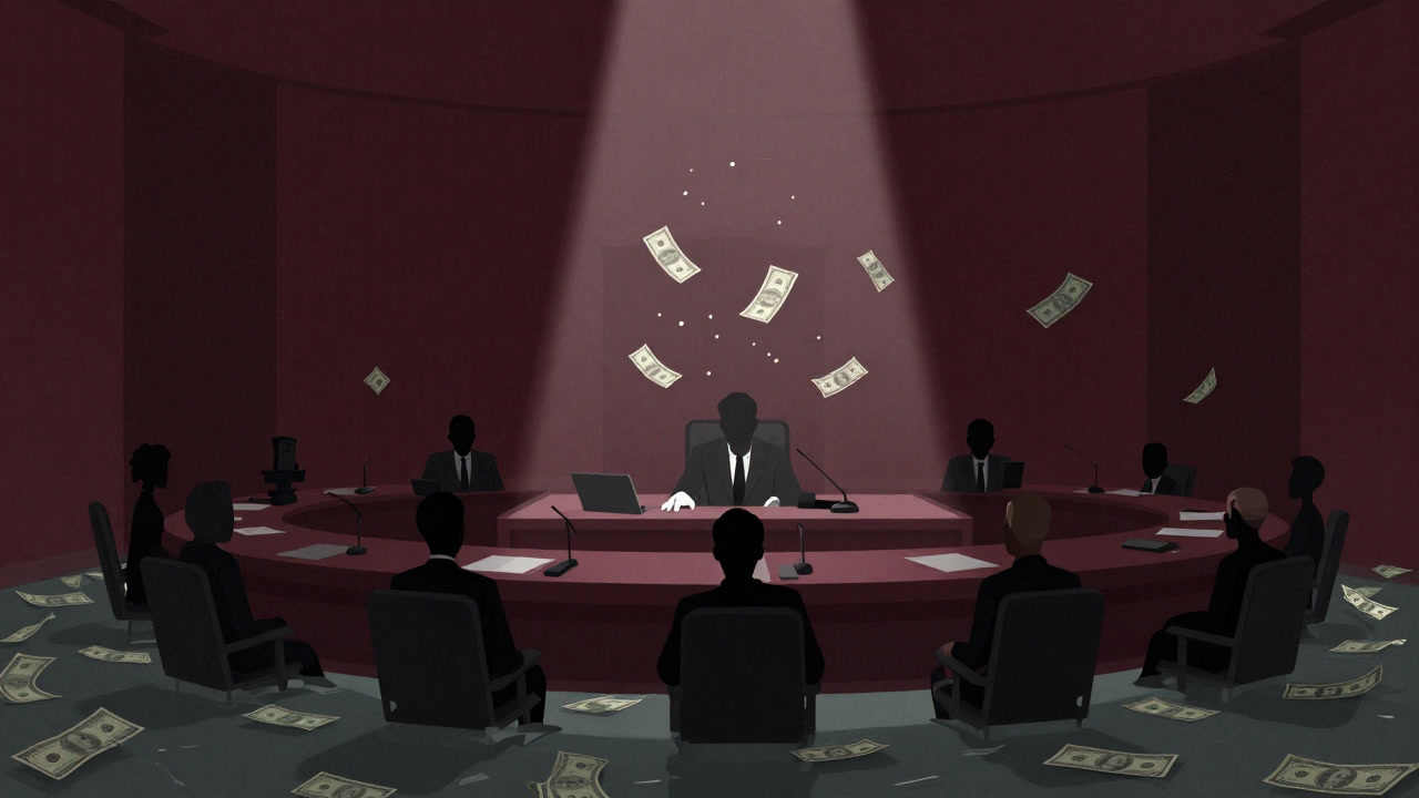 札束の海に沈む議会のシルエットを背景に、キラキラと光るドル札が舞うイラスト