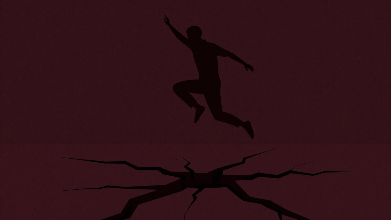 Silhouette of a person jumping creating a giant crack in the ground