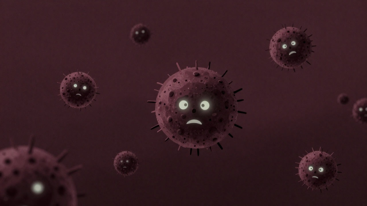 Illustration of invisible particles drifting in smoke or exhaust, appearing as if they have anxious expressions.