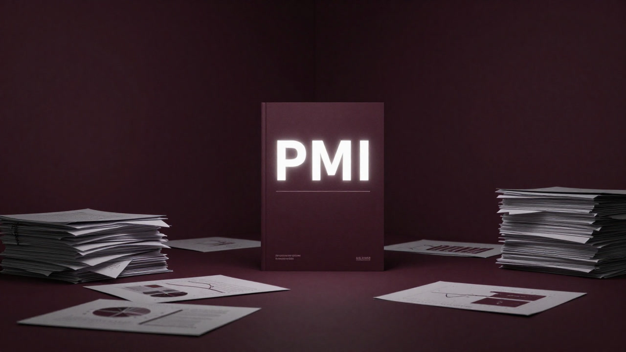 The cover of a PMI report glowing ominously amidst piles of paper and graphs in a dim office corner.