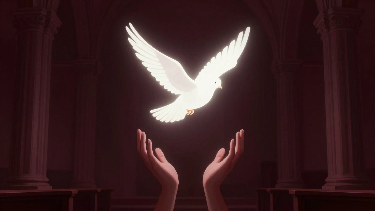 青白い光を放つ聖霊の鳩が、手を差し伸べる信徒の上に羽を広げるイラスト