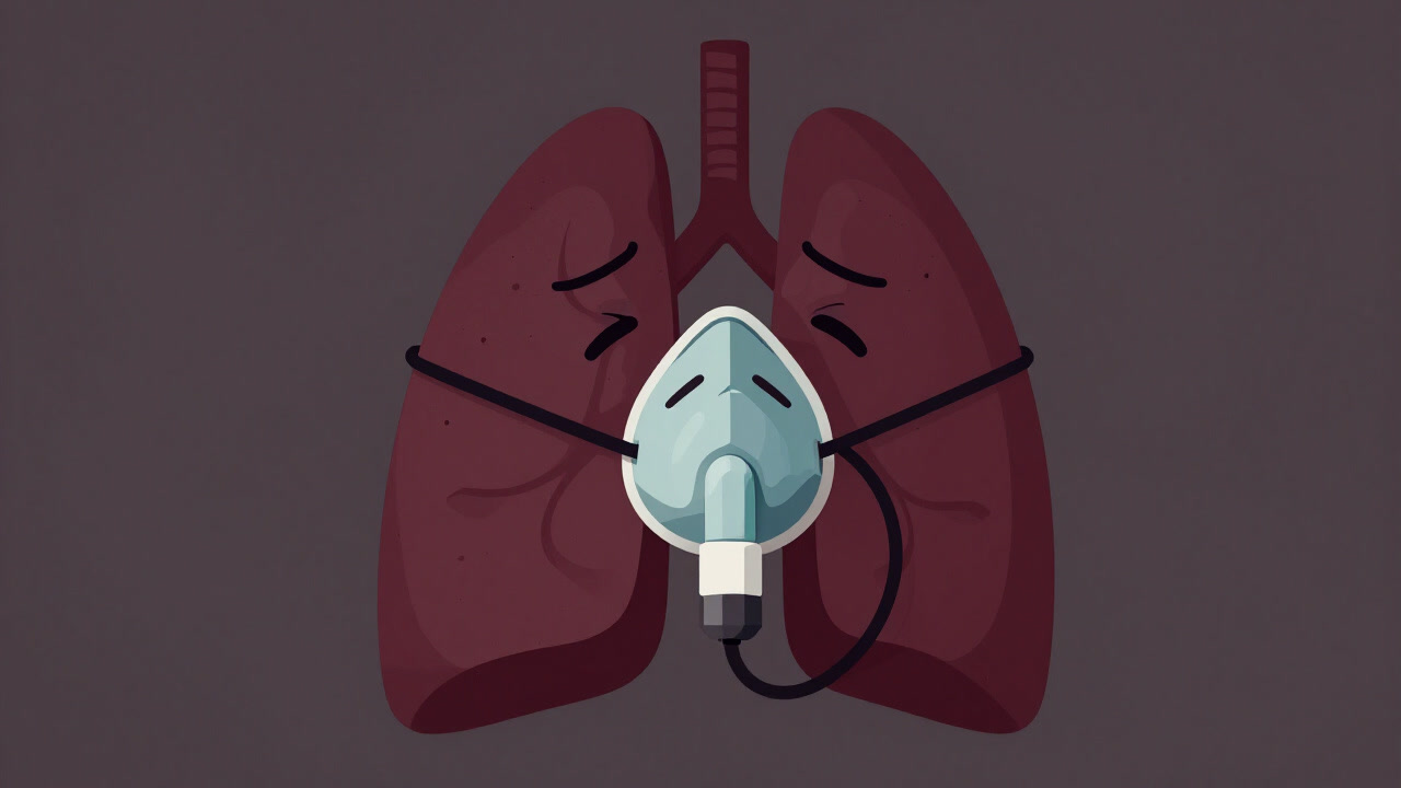 酸素マスクをかけられ、苦しげに咳き込む人間の肺を擬人化したイラスト