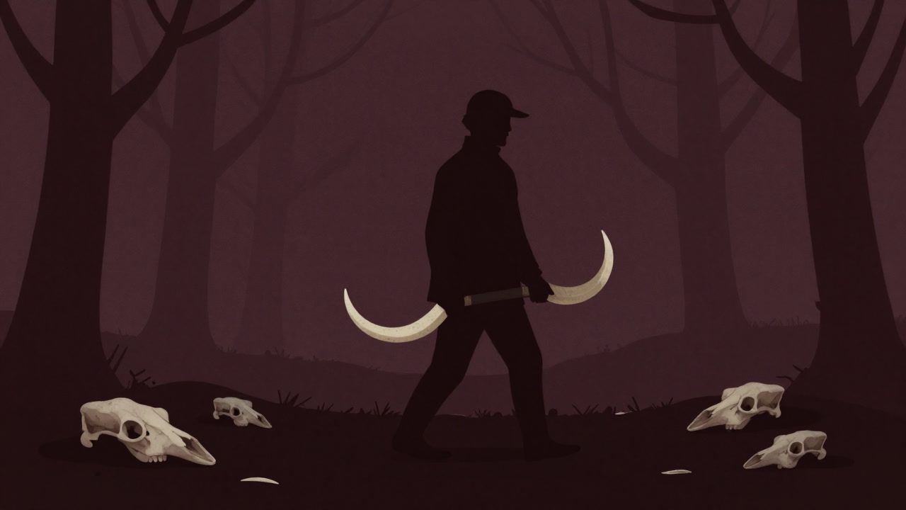 月夜の森を背景に、牙を抱えた影の狩人のシルエット