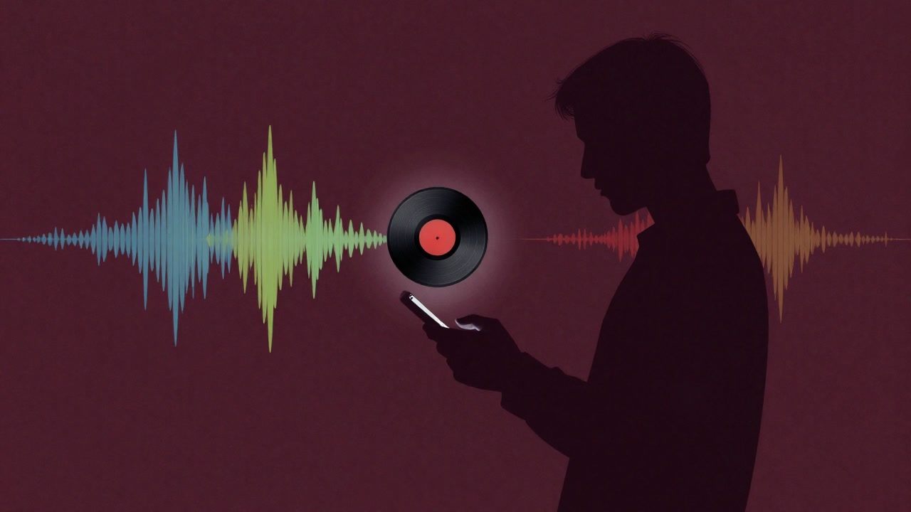 Silhouette of a person pressing the record button on a smartphone endlessly, with audio waveforms dancing in the background
