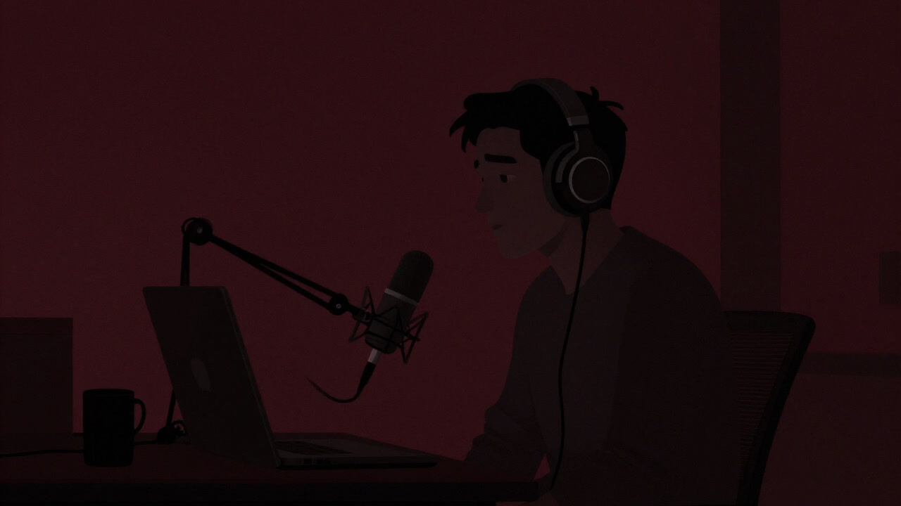 Silhouette of a person wearing headphones and speaking into a microphone in a dim studio
