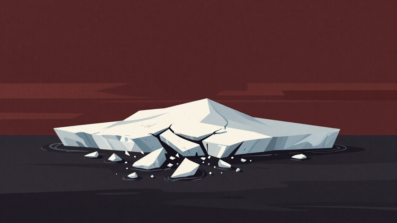 溶け始めた極域の氷床が崩れ落ち、海に流れ込む光景。