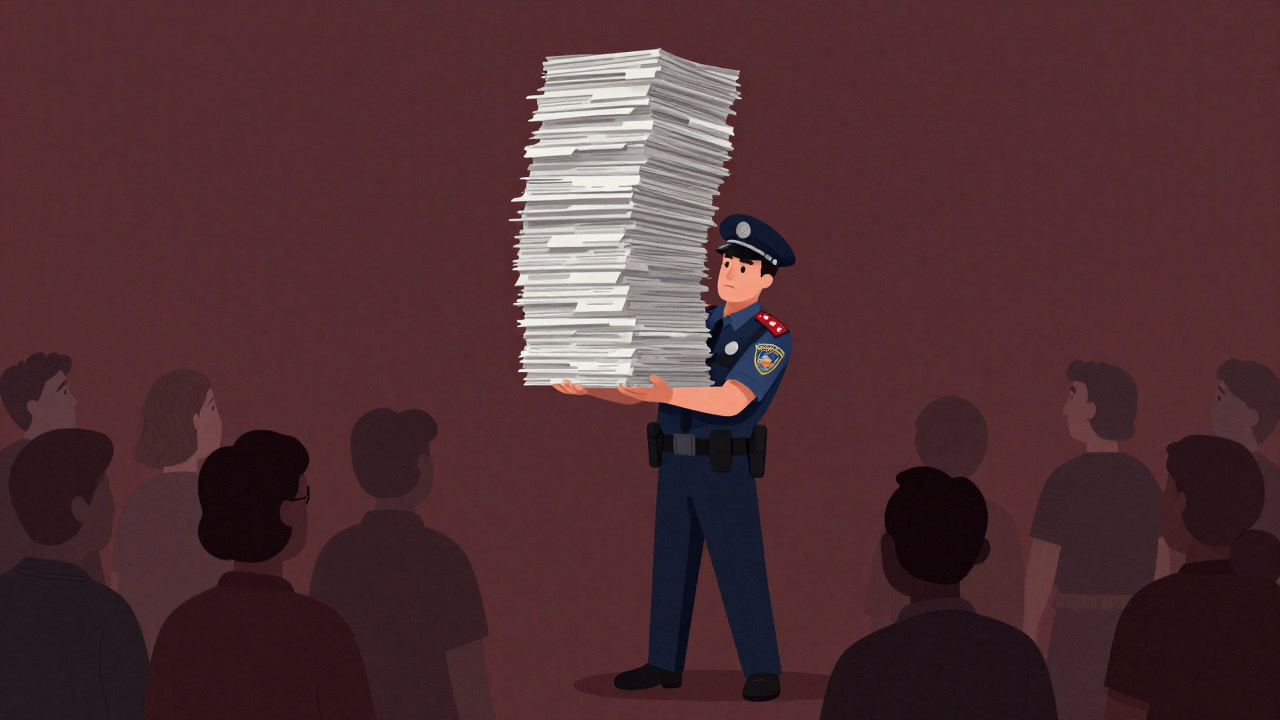 市民に向かって報告書の山を突き出す警察官のイラスト