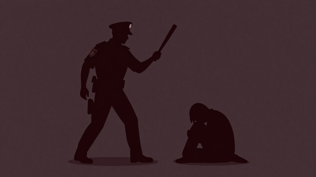 治安維持の名目でバトンを振り下ろす警官のシルエットと、怯える市民のシルエットが対峙する画像