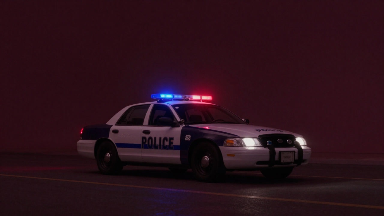 夜の街を赤青に染め、市民の安心を演出するパトカーの姿。