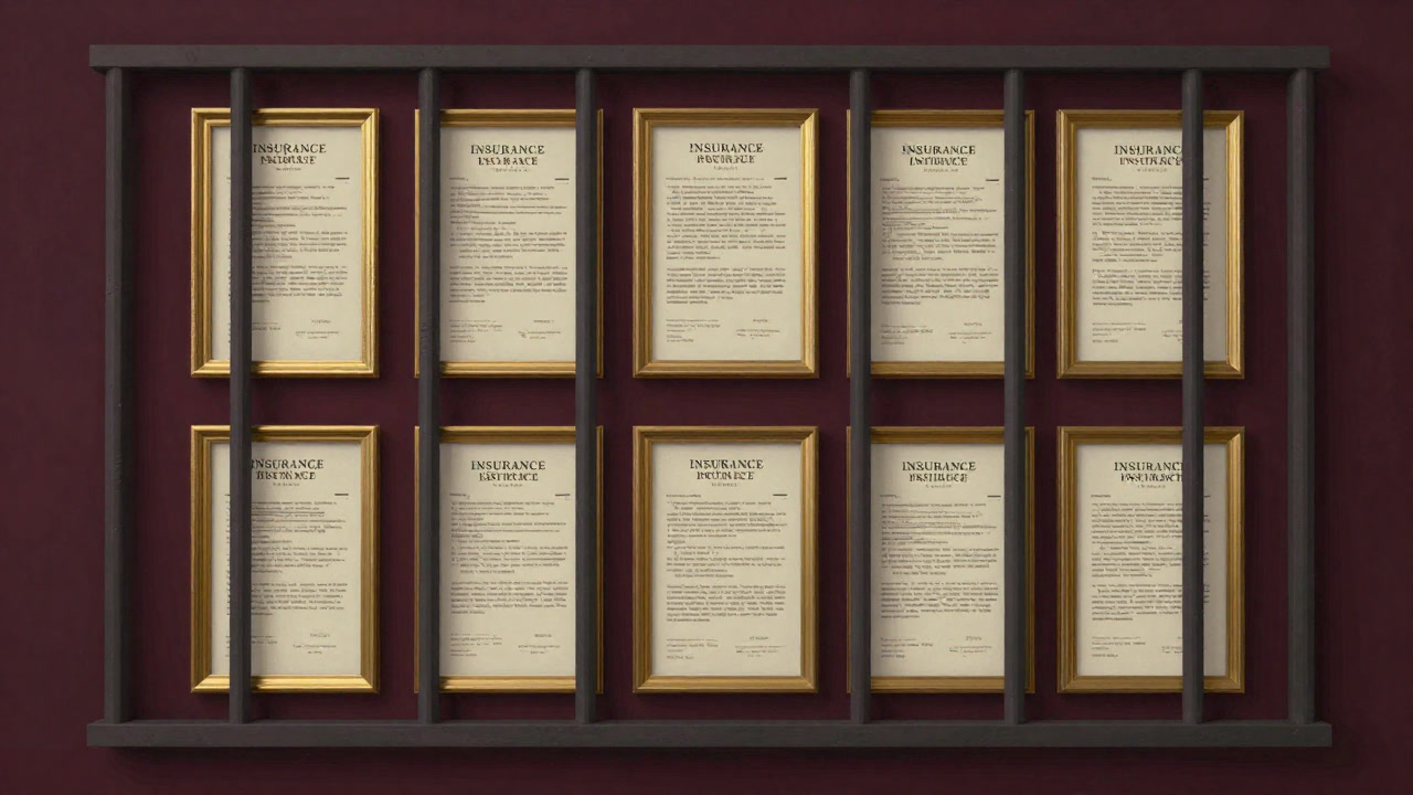 An image showing a pile of insurance policies stuck on a wall like a massive prison.