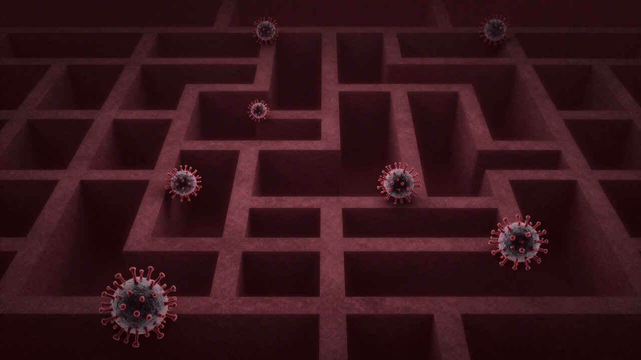 神経回路を迷路のように這うウイルス顆粒のイラスト