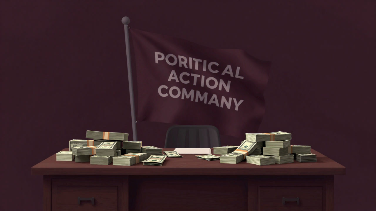 A heavy wooden desk piled high with cash, with a PAC flag waving in the background