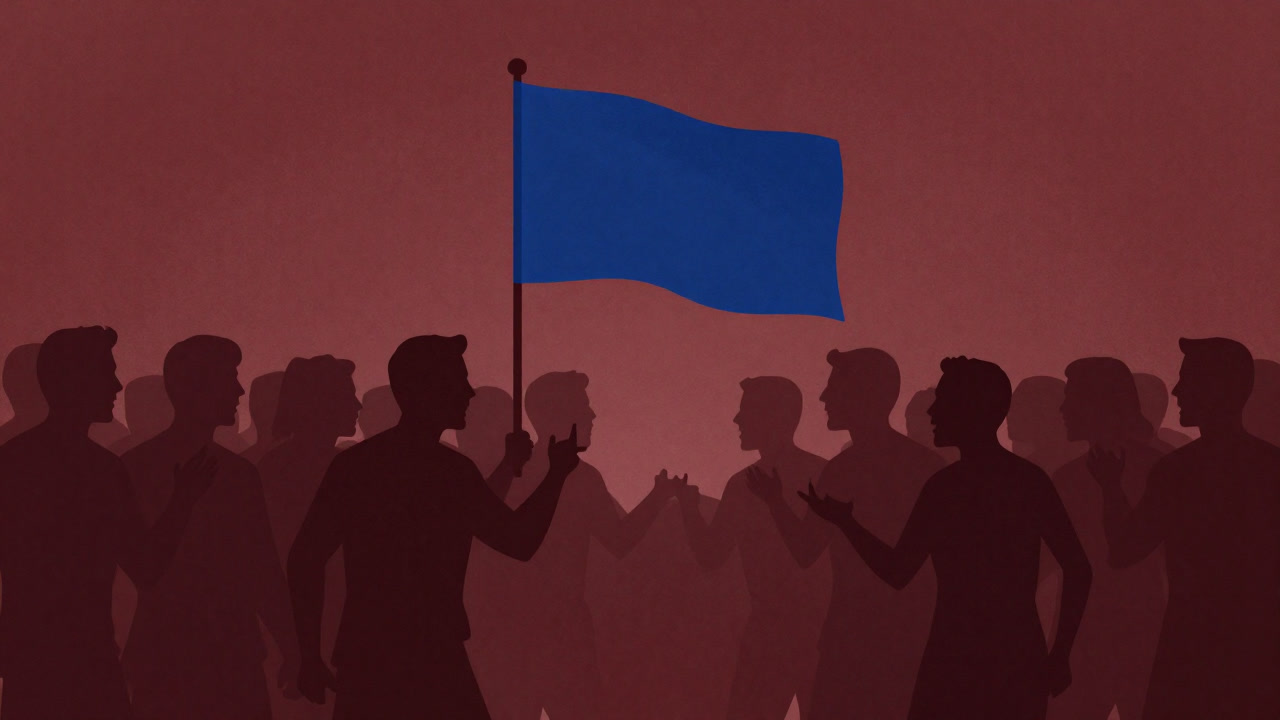 Silhouetted crowd glaring at each other with only voices clashing, set against a nation’s flag torn in two.