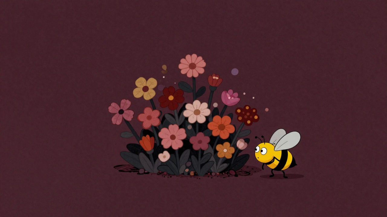 カラフルな花が咲く小さな庭に、肩をすくめるミツバチのコミカルな姿を描いたイラスト