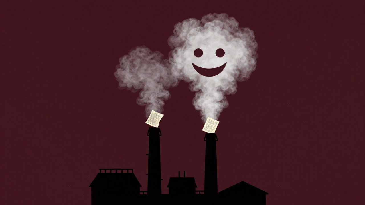 工場の煙突が法案集を燃やしながら、笑う顔を浮かべる皮肉なイラスト